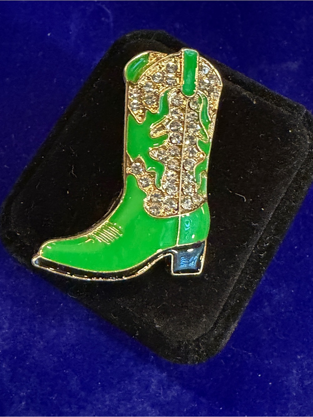 Green Cowboy Boot Western Pin Brooch with Rhinestone Accents